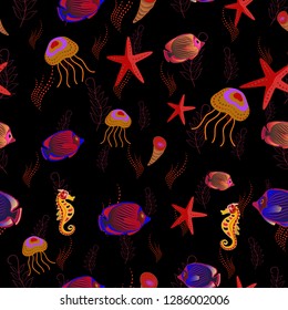 Seamless vector pattern with cute decorative fishes. Funny multicolor background, marine texture in black, red and orange colors. Vector illustration.