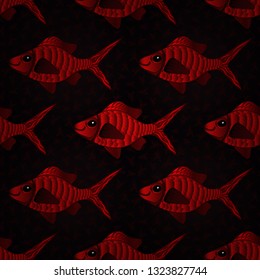 Seamless vector pattern with cute decorative fishes. Vector illustration. Funny multicolor background, marine texture in black, red and brown colors.