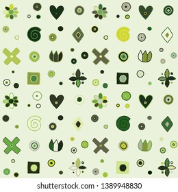 Seamless vector pattern, cute decorative geometrical hand drawn with childlike elements, dots, square, circle, cross, rectangle, triangle, square, flowers, hearts, spiral. background, doodle style