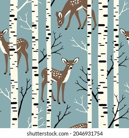 Seamless vector pattern with cute deer and birch forest. Perfect for textile, wallpaper or print design.