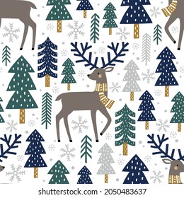 Seamless vector pattern with cute deer, woods and snowflakes on white background. Scandinavian Christmas illustration. Perfect for textile, wallpaper or print design. 