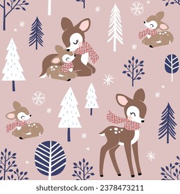 Seamless vector pattern with cute deer family with pine trees and snowflakes. Snowy winter woodland with animals. Hand drawn illustration artwork. Perfect for textile, wallpaper or print design.