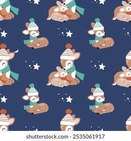 Seamless vector pattern with cute deer family and stars. Hand drawn Christmas fawn and baby. Perfect for textile, wallpaper or nursery print design. EPS10 vector file.