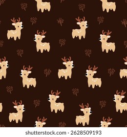 Seamless vector pattern with cute deer and small trees on brown background, simple rustic winter design perfect for fabric textile print nursery wallpaper holiday packaging woodland christmas surface