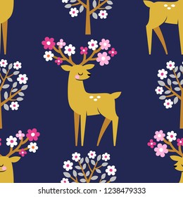 Seamless vector pattern with cute deers and blooming trees on dark blue background. 