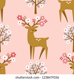 Seamless vector pattern with cute deers and blooming trees on pink background. 