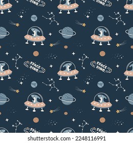 Seamless Vector Pattern with Cute Dino in Spaceships, Cartoon Animals Space Background. Galaxy print for baby clothes, t-shirts, wrapping, fabric, textiles and more