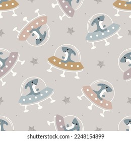 Seamless Vector Pattern with Cute Dino in Spaceships, Cartoon Animals Space Background. Galaxy print for baby clothes, t-shirts, wrapping, fabric, textiles and more