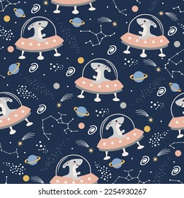 Seamless Vector Pattern with Cute Dino in Spaceships, Cartoon Animals Space Background. Galaxy print for baby clothes, t-shirts, wrapping, fabric, textiles and more