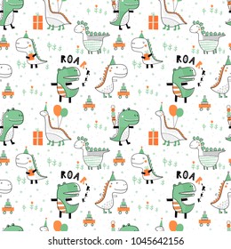 Seamless vector pattern with cute dinosaurs for typography poster, card, label, brochure, flyer, page, banner design. Vector illustration background