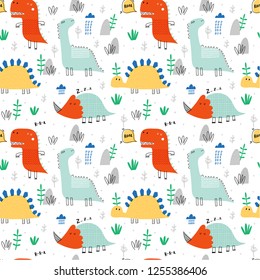 Seamless vector pattern with cute dinosaurs for typography poster, card, label, brochure, flyer, page, banner design. Vector illustration background
