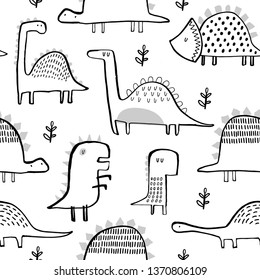 Seamless vector pattern with cute dinosaurs for typography poster, card, label, brochure, flyer, page, banner design. Vector illustration background in black and white