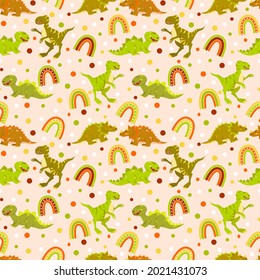 Seamless vector pattern with cute dinosaurs and rainbows.