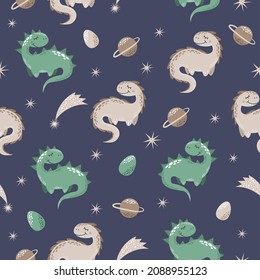 Seamless vector pattern. Cute dinosaurs, shooting star, stars, space. Pattern for baby clothes