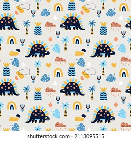 Seamless vector pattern with cute dinosaurs and design elements on a light background. Great for baby fabrics, textiles and designs.