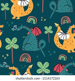 Patrón vectorial sin foco con lindos dinosaurios. Perfecto para textiles y papel de envoltura.