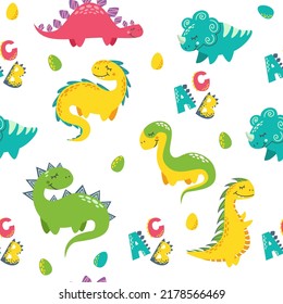 Seamless vector pattern. Cute dinosaurs, eggs, the alphabet, the letters abc . Print for children's clothing.