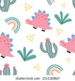 Seamless vector pattern with cute dinosaurs, cacti and greenery. The texture is great for children's clothing, cards, packaging, and stationery