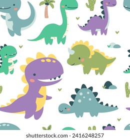 Seamless vector pattern. Cute dinosaurs in bright colors. Illustrations in a simple children's style. White background 