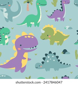 Patrón vectorial sin cable. Los dinosaurios bonitos en colores brillantes. Ilustraciones al estilo de los niños. Fondo azul 