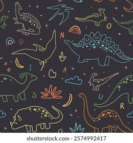 Seamless vector pattern of cute dinosaurs and tiny doodles on a dark background, vector illustration