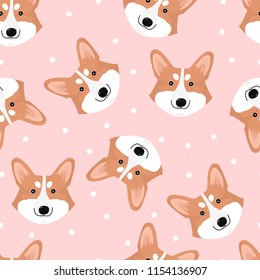 Seamless Vector Pattern With Cute Dog Face Corgi.