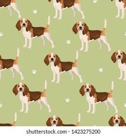 Seamless vector pattern with a cute dog beagle breed on a green background.