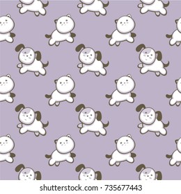 Seamless vector pattern with cute dog and cat. Cartoon character vector illustration. Design for baby textile, wrapping paper, pets shop.