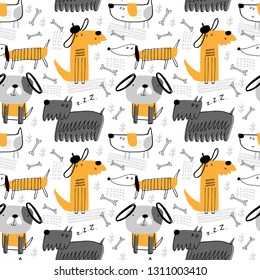 Seamless vector pattern with cute dogs for typography poster, card, label, brochure, flyer, page, banner design. Vector illustration background. Black, gray and yellow.