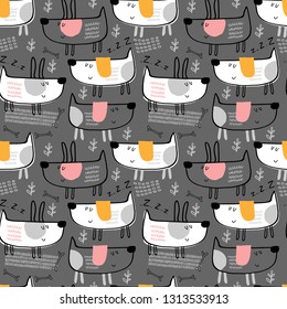 Seamless vector pattern with cute dogs on gray background for typography poster, card, label, brochure, flyer, page, banner design. Vector illustration background. Black, gray and yellow.