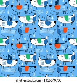 Seamless vector pattern with cute dogs on gray background for typography poster, card, label, brochure, flyer, page, banner design. Vector illustration background. Blue, green and red.