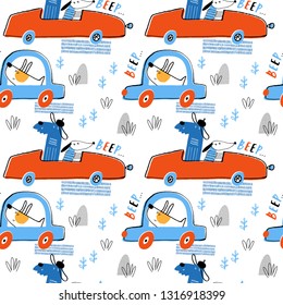 Seamless vector pattern with cute dogs on cars for typography poster, card, label, brochure, flyer, page, banner design. Vector illustration background in red, blue and yellow.