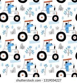 Seamless vector pattern with cute dogs on cars for typography poster, card, label, brochure, flyer, page, banner design. Vector illustration background in red and blue.