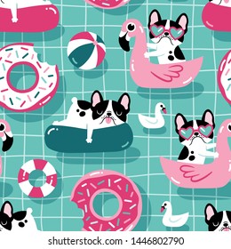 Seamless vector pattern with cute dogs with pool floats in a swimming pool.