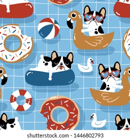 Seamless vector pattern with cute dogs with pool floats in a swimming pool.