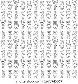 Seamless vector pattern with cute dogs in doodle style. Drawn by hand, black lines on a white background. For printing on fabric, wrapping paper, clothing, wallpaper and covers, dog textiles.