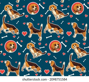 Seamless vector pattern with cute dogs beagle puppies. Background for baby clothes fabric, pattern for gift wrapping paper
