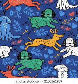 Seamless vector pattern with cute dogs. Funny puppies are favorite cartoon pets. Trendy scandinavian template for baby textiles, fashion, fabrics, wrapping paper.