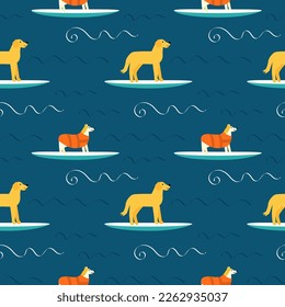 Seamless vector pattern with cute dogs on sup boards in the sea. Modern design for fabric and paper, surface textures.