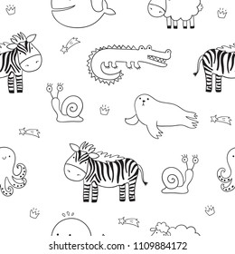 Seamless vector  pattern with cute doodle animals. Perfect for postcard, birthday, baby book, children room. Lamb, crocodile, zebra, octopus, snail