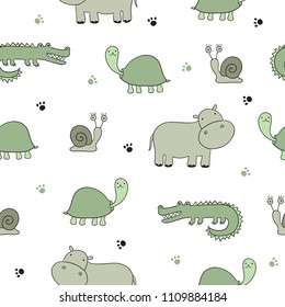 Seamless vector  pattern with cute doodle animals. Perfect for postcard, birthday, baby book, children room. Crocodile, snail, hippo, turtle