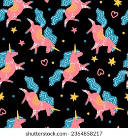 Seamless vector pattern with cute doodle pink unicorns with blue main and stars on a black background. For textiles, wallpapers, prints, party, baby shower, design, decor, linen, dishes and apparel