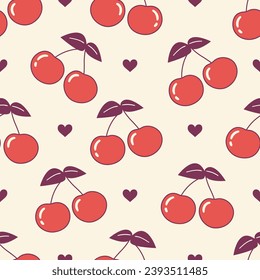 Seamless vector pattern with cute doodle cherry. Cottagecore country background with berries and hearts. Vintage texture for wallpaper, wrapping paper, textile design