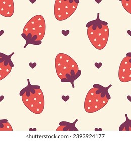 Seamless vector pattern with cute doodle strawberry. Cottagecore country background with berries and hearts. Vintage texture for wallpaper, wrapping paper, textile design