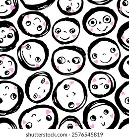 Seamless vector pattern with cute doodle faces with smiles in black, white and pink