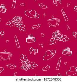 Seamless vector pattern with cute doodles of lipstick, lips, cup, flower, hearts, bow, cake and hat. Background for girls, women. For the design of textiles, printing products, wrapping paper