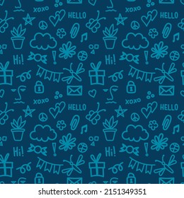 Seamless vector pattern with cute doodles. Background with small illustrations included clouds, plants, hand-lettering, flowers, insects, etc. Texture for wallpaper, wrapping paper, websites.