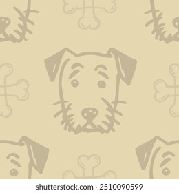 Seamless vector pattern with cute draw fluffy dogs. and dog food. Simple doodle style