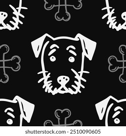 Seamless vector pattern with cute draw fluffy dogs. and dog food. Simple doodle style