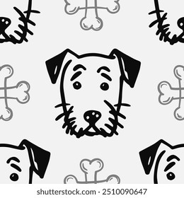 Seamless vector pattern with cute draw fluffy dogs. and dog food. Simple doodle style